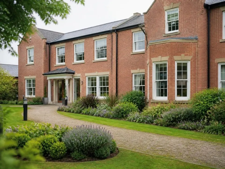 A red brick care home with a front lawn