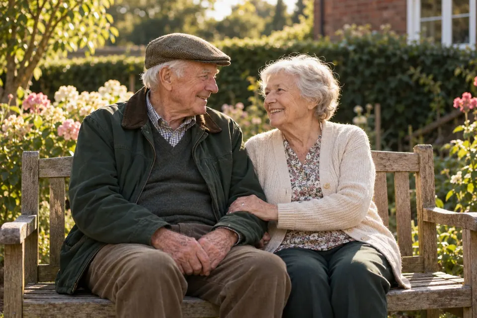 An elderly couple smiling on a garden bench